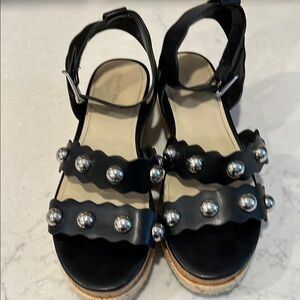 Black and Silver Women's Sandals Size 8 Adjustable Buckle Ankle Strap